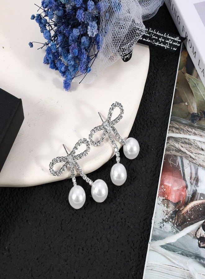 PLwelth Rhinestone Bow Earrings for Women Cute Pearl Drop Dangle Earrings Sparkle Sliver Tassel Earring Bow Statement Earring for Wedding Bridal Prom Birthday Christmas Gifts Stocking Stuffers - Image 3